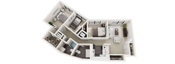A 3D floor plan of a small apartment with a kitchen, living room, and bedroom.