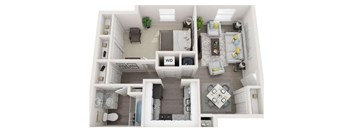 A top-down view of a small apartment with a kitchen, living room, and bathroom.