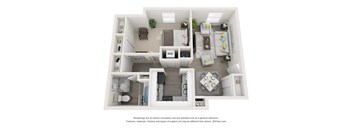 A 3D floor plan of a small apartment with a kitchen, living room, and bathroom.