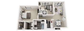 A floor plan of a small apartment with a kitchen, living room, and bathroom.