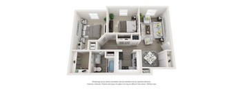 A 3D floor plan of a small apartment with a kitchen, living room, and bathroom.