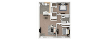 A floor plan of a house with a kitchen, living room, and two bedrooms.