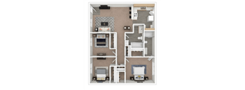 A dollhouse floor plan with a kitchen, living room, and bedroom.