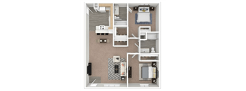A floor plan of a small apartment with a bedroom, living room, and kitchen.