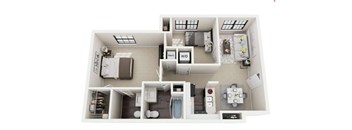A floor plan of a small apartment with a kitchen, living room, and bathroom.