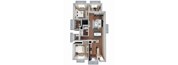 A diagram of a small apartment with a bedroom, living room, and bathroom.