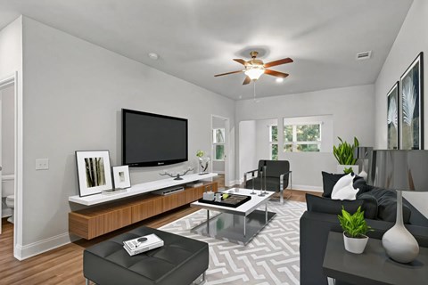 Living room with modern furnishings and entertainment center at Hickory Grove Apartments, Georgia
