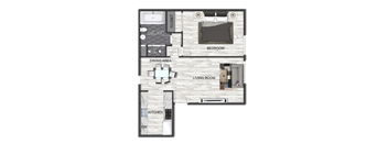 A floor plan of a small apartment with a bedroom, living room, kitchen, and bathroom.