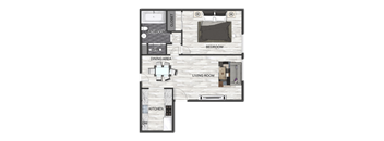 A diagram of a house layout with a living room, dining area, kitchen, bathroom, and bedroom.