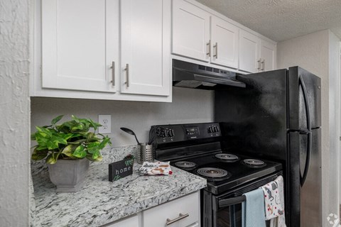 a kitchen with black appliances and white cabinets at Glen Hollow, Georgia