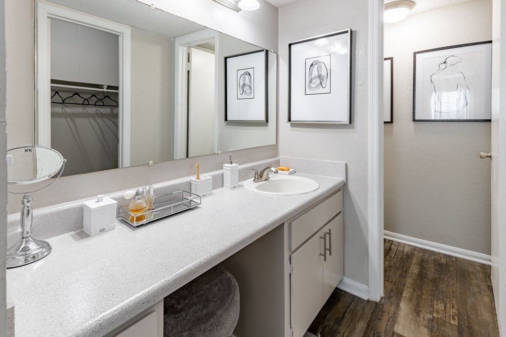 a bathroom with a counter top and a sink and a mirror at Tucker Square, Stone Mountain, GA