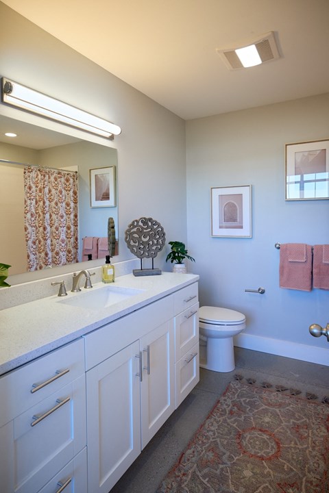 A bathroom with a white counter top and a white toilet.