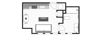 a floor plan of a room with a bedroom and a living room and a kitchen