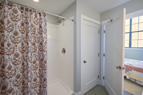 A bathroom with a shower curtain and a white door.