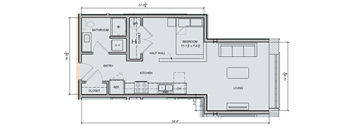 A floor plan of a house with a bedroom, bathroom, kitchen, and living room.