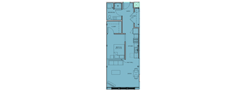 A floor plan of a house with a bedroom, bathroom, kitchen, and dining area.