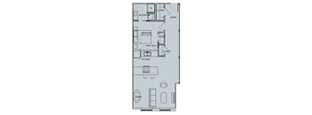 A floor plan of a house with a bedroom, bathroom, kitchen, and dining area.