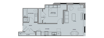 A floor plan of a house with a bedroom, living room, kitchen, and bathroom.