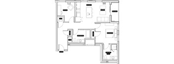 A black and white floor plan of an apartment with labeled rooms.