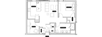 A floor plan of a house with labeled rooms such as kitchen, living room, and bathroom.