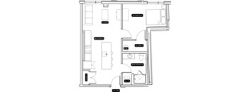 A floor plan of a house with a living room, kitchen, bathroom, and bedroom.