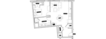 A floor plan of a house with a living room, dining room, kitchen, bedroom, bathroom, and office.