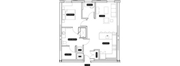 A floor plan of an apartment with labeled rooms such as bedroom, bathroom, kitchen, and living room.