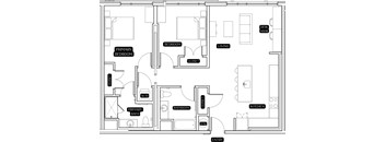 A floor plan of a house with a primary bedroom, bathroom, living room, kitchen, and closet.