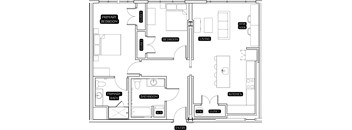 A floor plan of a house with a primary bedroom, bathroom, living room, kitchen, and two closets.