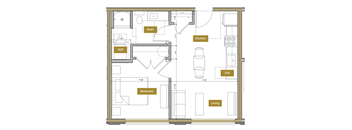 A floor plan of a house with a living room, kitchen, bathroom, dining area, and bedrooms.