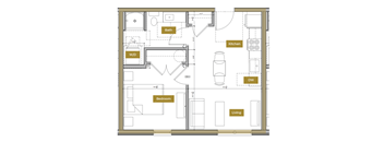 A floor plan of a house with a living room, kitchen, bathroom, and bedroom.