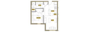 A floor plan of a house with a living room, kitchen, bathroom, and bedroom.