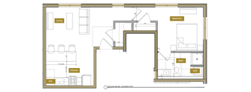 A floor plan of a house with a living room, kitchen, bath, and bedroom.