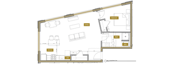 A floor plan of a house with a kitchen, living room, and bedrooms.