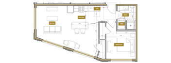 A floor plan of a house with a living room, kitchen, bathroom, and bedroom.
