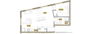 A floor plan of a house with a kitchen, living room, and bathroom.