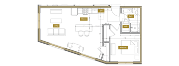A floor plan of a house with a kitchen, living room, bathroom, and bedroom.