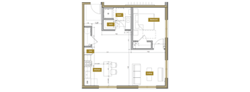 A floor plan of a house with a living room, kitchen, bath, and bedroom.
