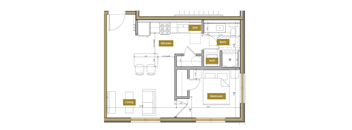 A floor plan of a house with a kitchen, bathroom, living room, and bedroom.