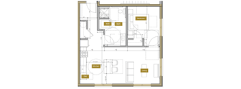 A floor plan of a house with a bedroom, bathroom, living room, and kitchen.