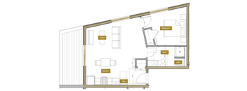 A floor plan of a small apartment with a living room, kitchen, bathroom, and bedroom.