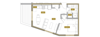 A floor plan of a small apartment with a kitchen, living room, and bedroom.
