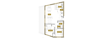A floor plan of a house with a kitchen, living room, two bathrooms, and two bedrooms.
