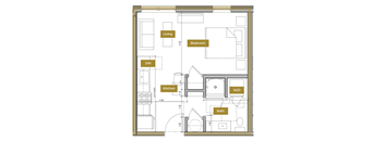 A floor plan of a small apartment with a living room, bedroom, kitchen, bathroom, and dining area.