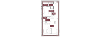 A floor plan of a one bedroom apartment with a kitchen and living room.