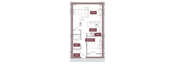 A floor plan of a one bedroom apartment with a kitchen and bathroom.