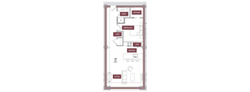 A floor plan of an apartment with a living room, kitchen, bedroom, and storage.