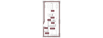 A floor plan of a small apartment with a living room, kitchen, bathroom, bedroom, and storage space.