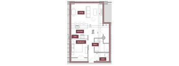 A floor plan of a one bedroom apartment with a kitchen and bathroom.