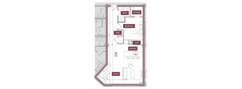 A floor plan of a house with a living room, kitchen, bedroom, bathroom, and storage.